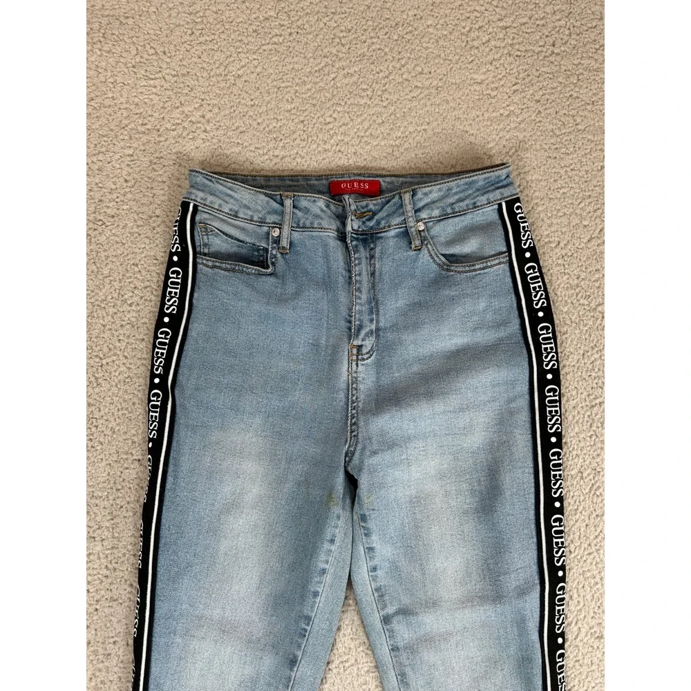 Guess Los Angeles Womens Light Wash Logo Side Stripe‎ Raw Hem Skinny Jeans Blue